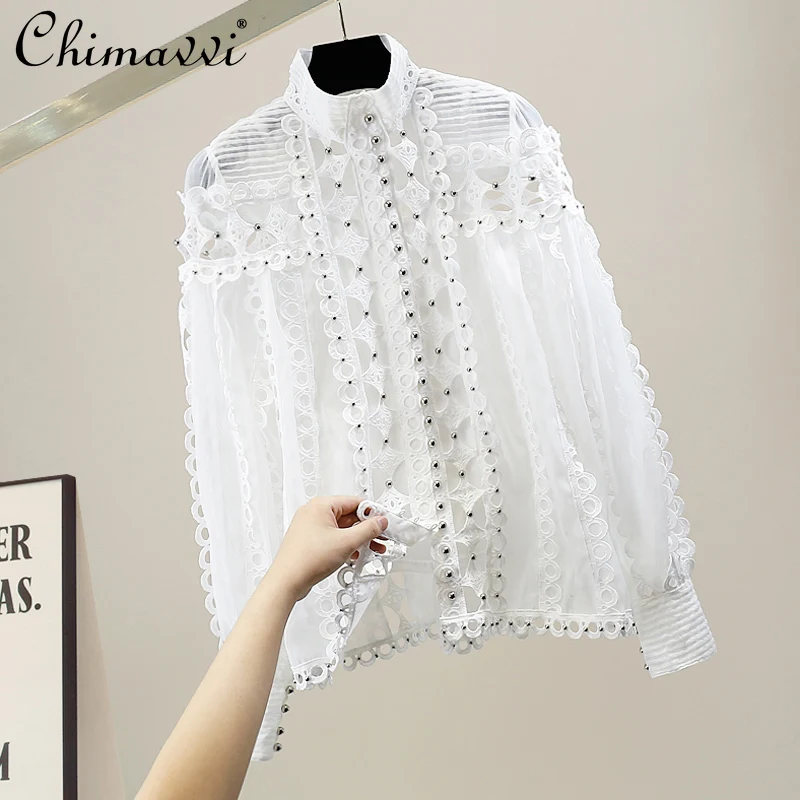 

Heavy Beaded Lace Stitching Single-Breasted Long Sleeve Chiffon Shirt French Style Design Graceful Loose Tops Simple Blouse