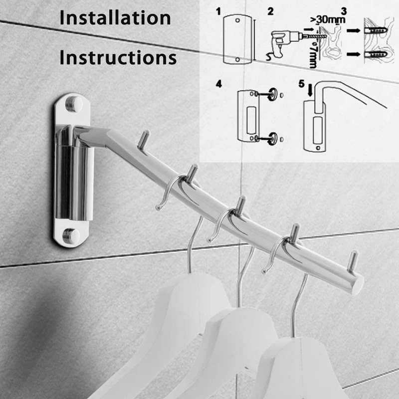 

2 Pcs, Folding Wall Mounted Clothes Hanger Rack Clothes Hook Stainless Steel with Swing Arm Holder Clothing Hanging