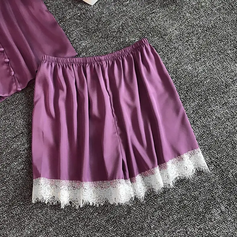 

Womens Imitation Silk Sexy Lingerie Set Push Up Padded Button Down Camisole Wide Leg Eyelash Lace Shorts Solid Color