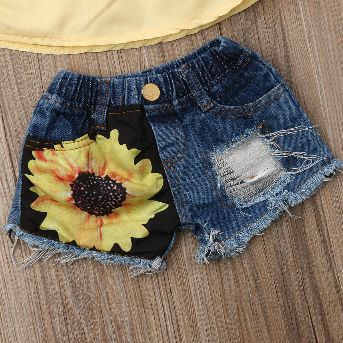 Модный летний комплект одежды с подсолнухами для маленьких девочек однотонный