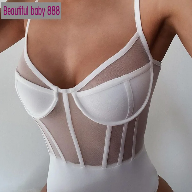 Новинка летние белые полосатые сексуальные сетчатые боди Meqeiss с открытой спиной