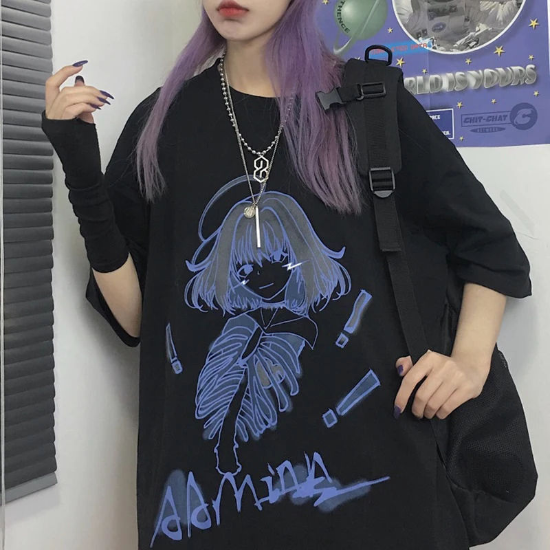 

Gothic T-shirt Loose Streetwear Harajuku Top Female Print Summer Kpop Anime Fashion Men And Women Short-sleeved Casual Retro