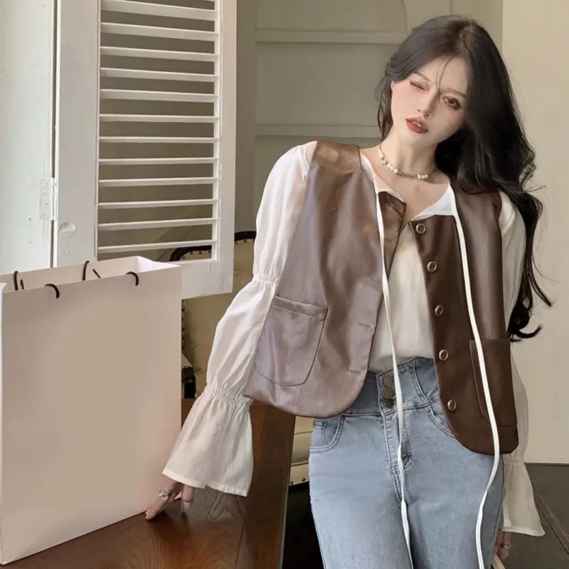 

Woman PU Leather Vest Female Waistcoat Solid Motorcycle Vest Spring Autumn Ladies New High Quality Sleeveless Button Vests A194