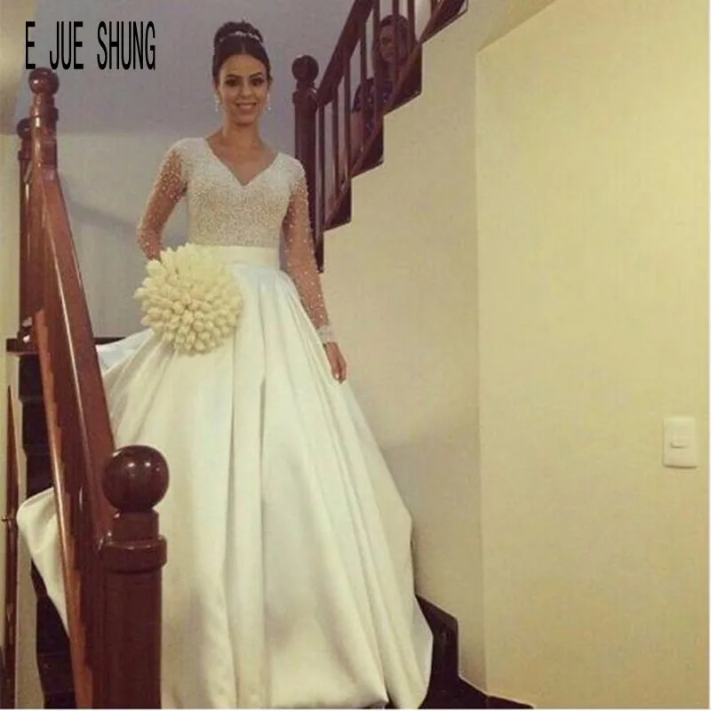 

E JUE SHUNG Luxury Wedding Dresses with Pearls Illusion Long Sleeves Stain Bridal Gowns Ball Gown Bride Dress Vestidos De Novia