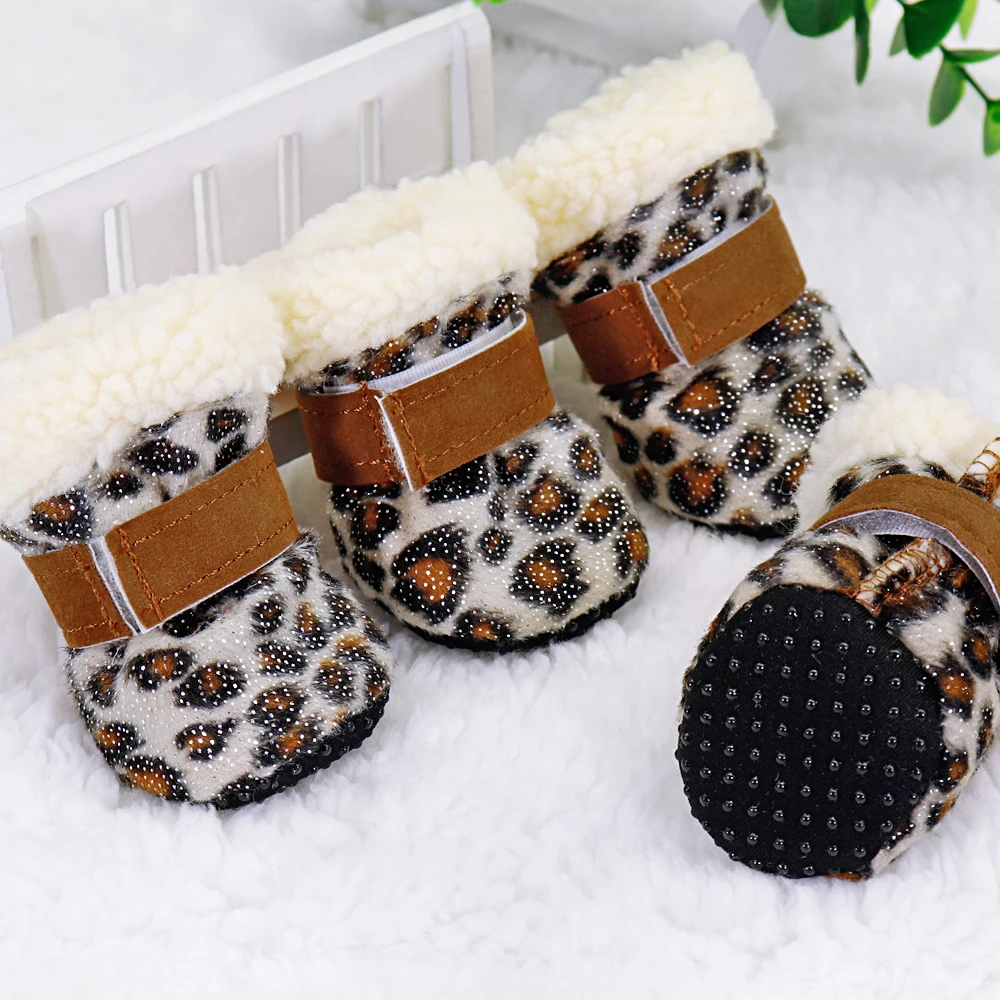 Leopard 4 шт., Обувь для собак, водонепроницаемые зимние ботинки для собак, нескользящие носки для щенков, кошек, дождя, снега, ботиночки, обувь для маленьких собак, чихуахуа - Цвет: Leopard