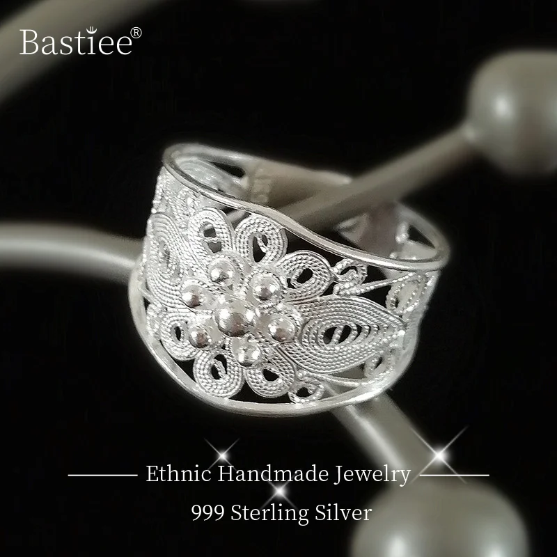 Женское кольцо из серебра 999 пробы с винтажным цветком|Кольца| |