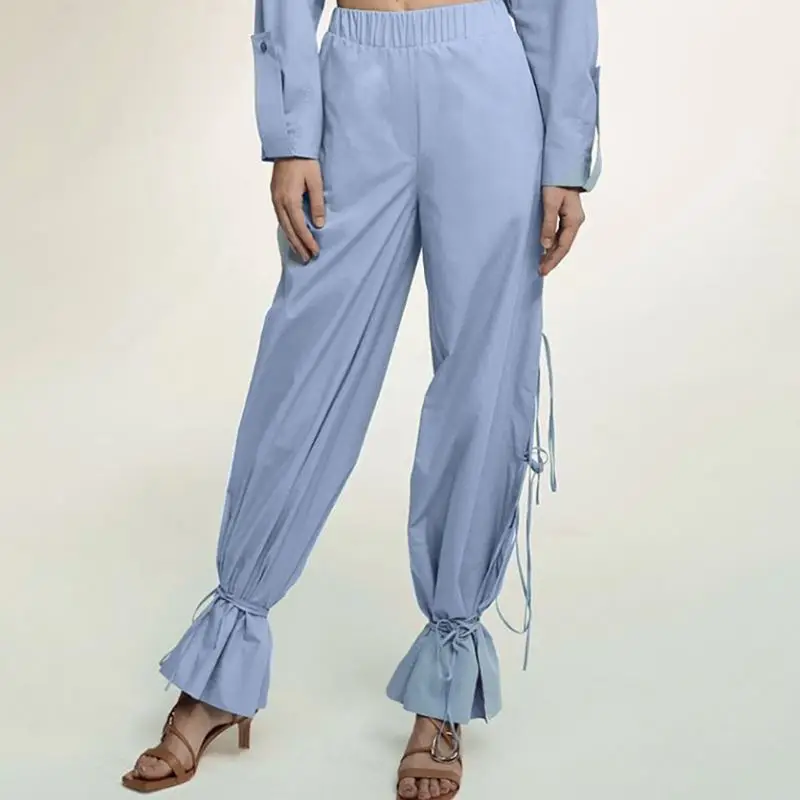 

EleeMee 2021 New Stylish Shirt Sets Two Piece Fold Short Tops Long Sleeve Lace Up Loose Blue Fashion Summer/Autumn Sets Size S-L