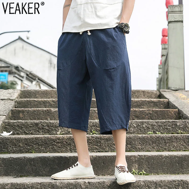 

2021 New Men's Summer Cotton Linen Pants Male Chinese Style Solid Color Calf-Length Pants Wide Leg Trousers M-5XL