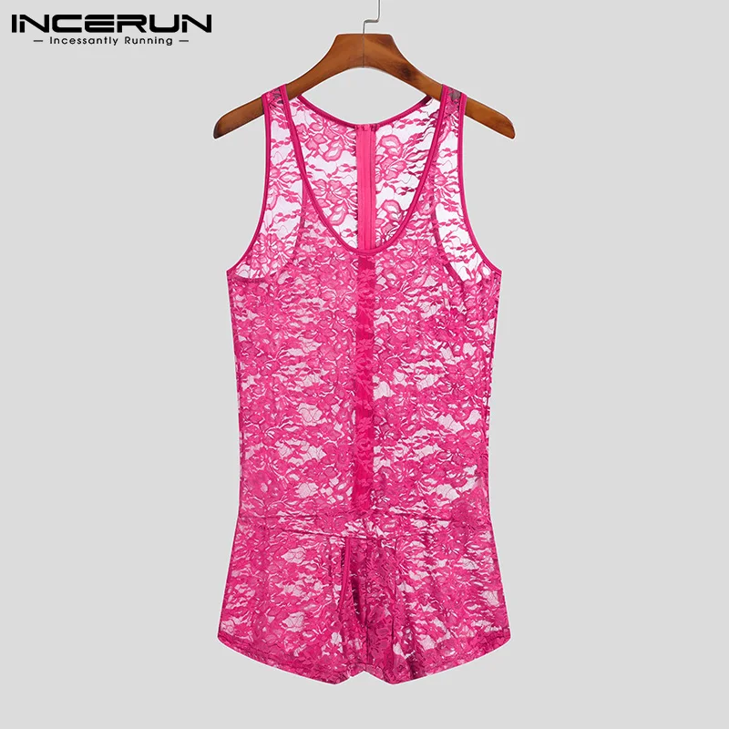 New Men Stylish Loungewear Sleeveless Onesies Lace See-Through Jumpsuit Pajama Sexy Lace Male Comeforable Bodysuit S-5XL INCERUN stylish mid waisted see through lace embellished women s jeans