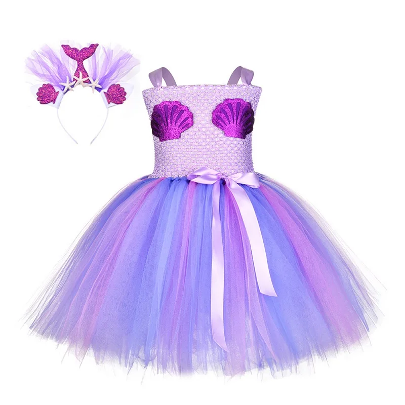 Dress and Headband Для девочек; юбка-пачка в стиле Русалочки с повязкой на голову, под морской русалки платье принцессы Для детей Хеллоуин вечеринка в честь Дня Рождения платье-костюм - Цвет: Dress and Headband