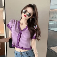 womens summer new sweet temperament short v neck ice silk color matching loose knit thin top womens short sleeved shirt