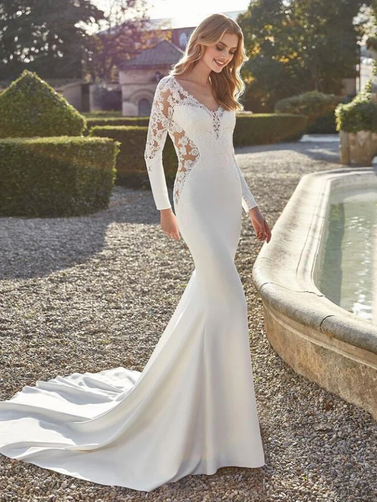 

Elegant Vestido De Noiva Backless Wedding Dresses Mermaid Long Sleeves Satin Appliques Lace Cheap Wedding Gown Bridal Dresses