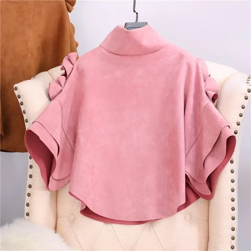 

Women Cape Pullover Fashion Trumpet Sleeve Bat Shawl Cloak Short Coat 2021 New Autumn Turtleneck Multicolor Loose Poncho Femme