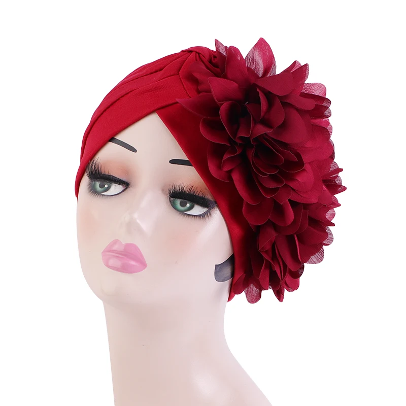 

New Double Flower Style Turban Elastic Headscarf Muslim Hijab India Hat Women Soild Color Hair Loss Chemo Cap
