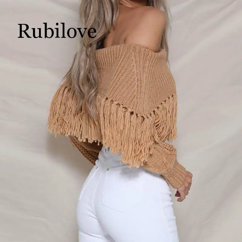 

2019 New Womens Sweaters Winter Korean Fashion Off Shoulder Sweater Pullover Women Long Sleeve Knitted Tassel Sweater