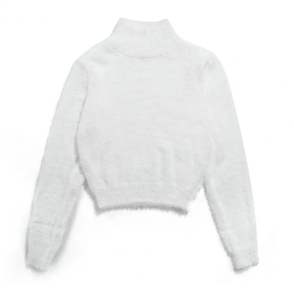 

Women Autumn Winter Solid Color Long Sleeve Turtleneck Plush Crop Sweater Top