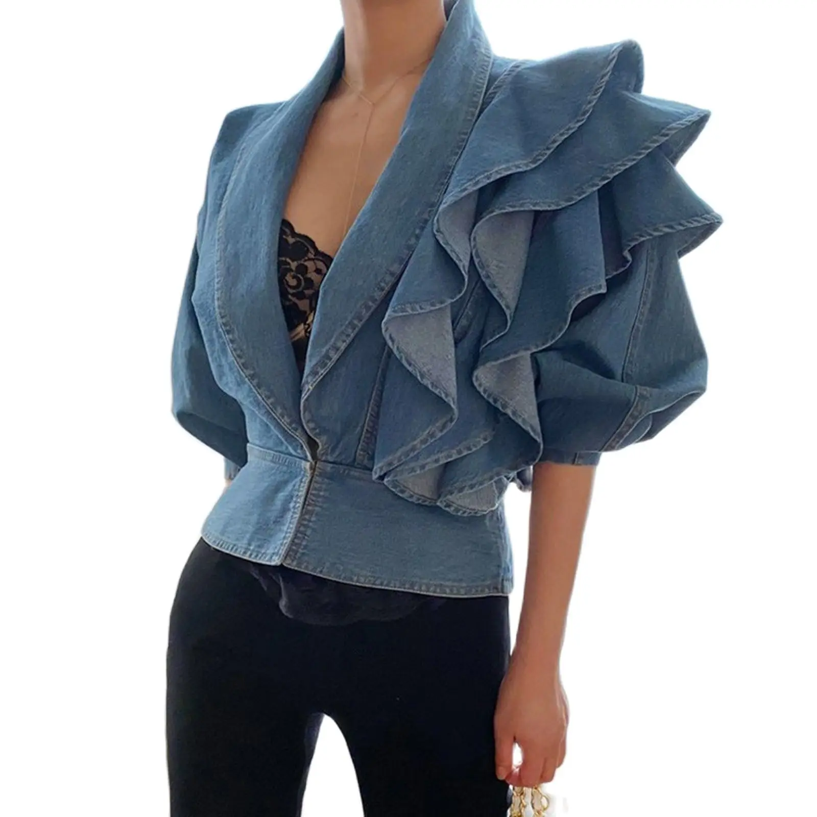 

Fashionable and Cool Denim Jacket for Individualistic Woman with One Shoulder Triple Flounces Unique Design Ladies Jacket