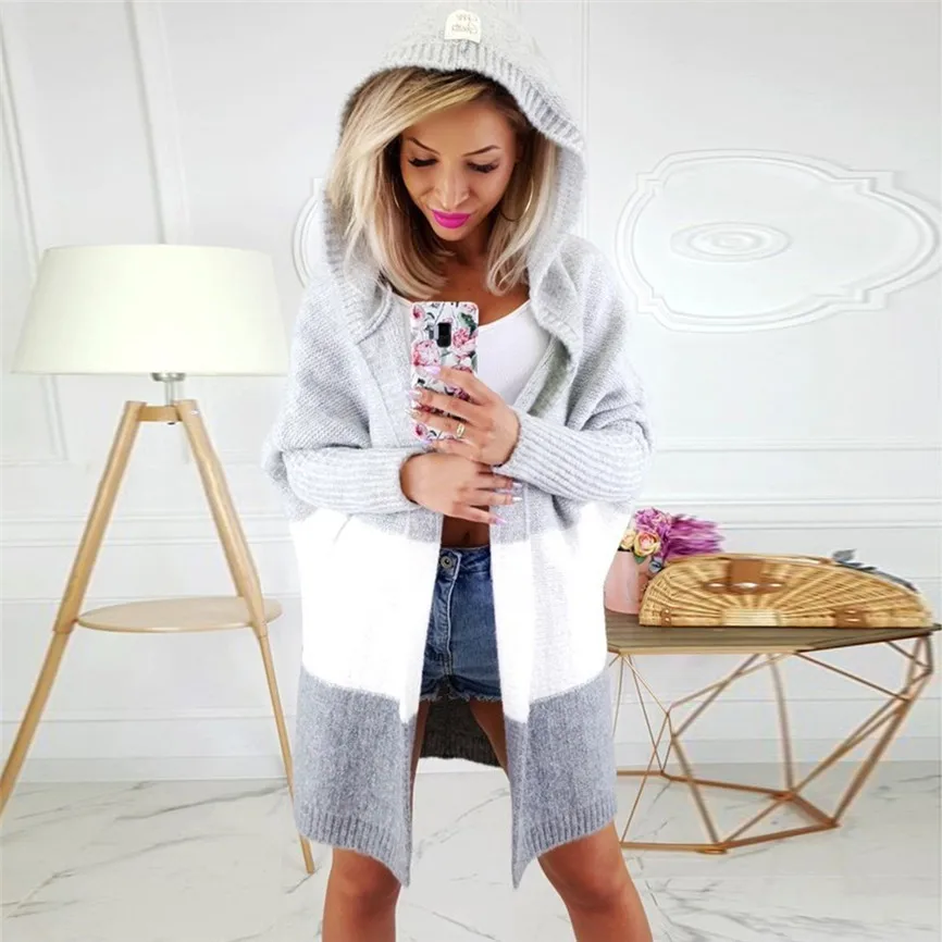 Вязаный кардиган свитер для женщин Повседневный в полоску с капюшоном длинным