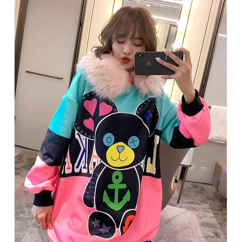 Зимние Модные бархатные длинные платья с мультяшным принтом теплые женские