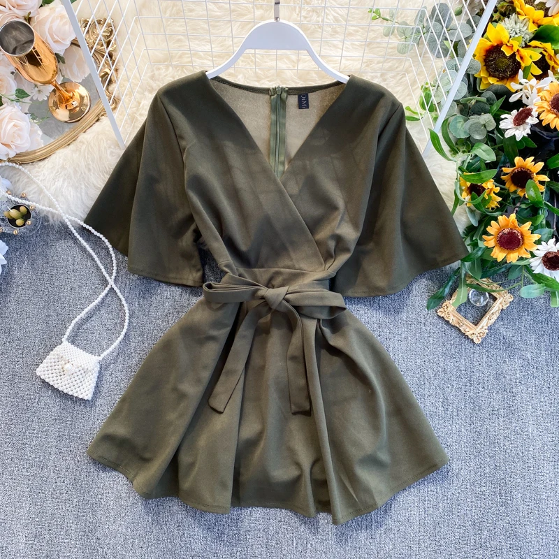 ALPHALMODA Женский Летний комбинезон с v образным вырезом и поясом сплошной цвет
