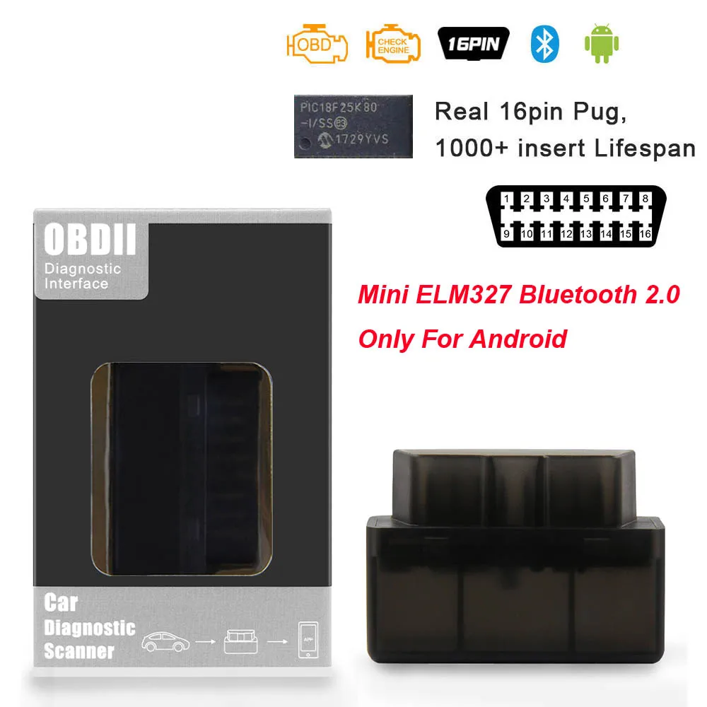 Black 1pcb Carton Супер Мини ELM 327 V1.5 PIC18F25K80 obd2 сканер Bluetooth ELM327 V1.5 1,5 OBD 2 OBD2 автомобильный диагностический инструмент ODB2 считыватель кодов - Цвет: Black 1pcb Carton
