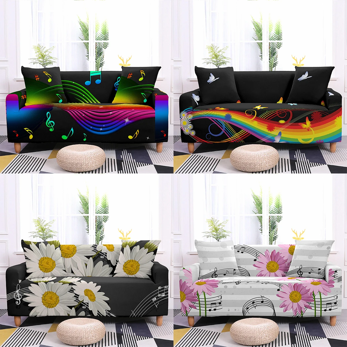 

Floral Daisy Sofa Cover Living Room Flowers Music Notes. Elastic Anti-dust Couch Covers Butterfly Stretch Slipcover 1/2/3/4 Seat