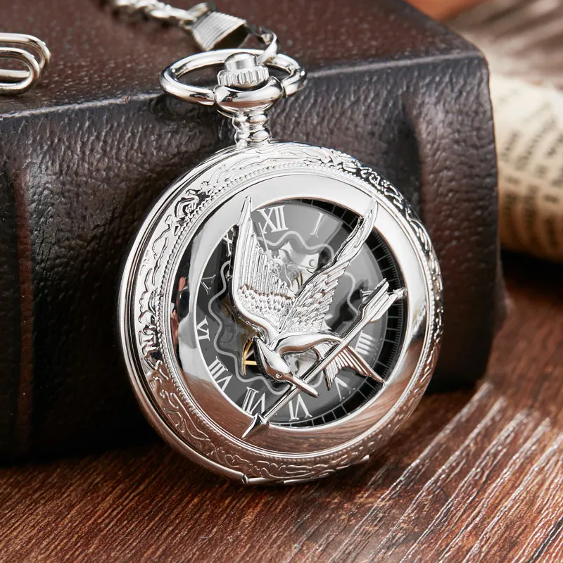 

Retro Peace Bird Mechanical Pocket Watch with Chain Hollow Engraved Hand Winding Pendant Clock Men Sliver Flip Fob Watches