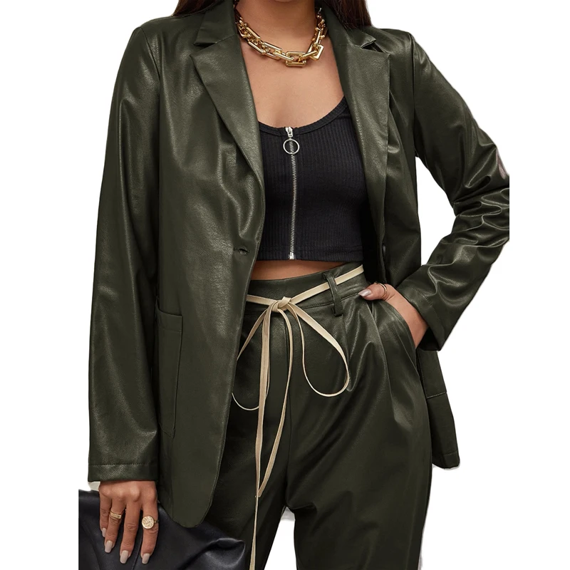 

Ladies Temperament PU Leather Suit Jacket, Autumn Girls Casual Solid Color Lapel Long Sleeve Single Button Tops Coat