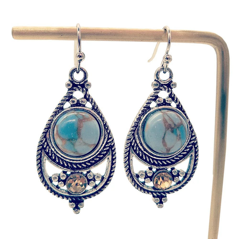 

Luxury Hollow Large Sater Drop Inlaid with Colorful Natural Stone Pendant Earrings for Women Turquoise Earrings Costume Jewelry