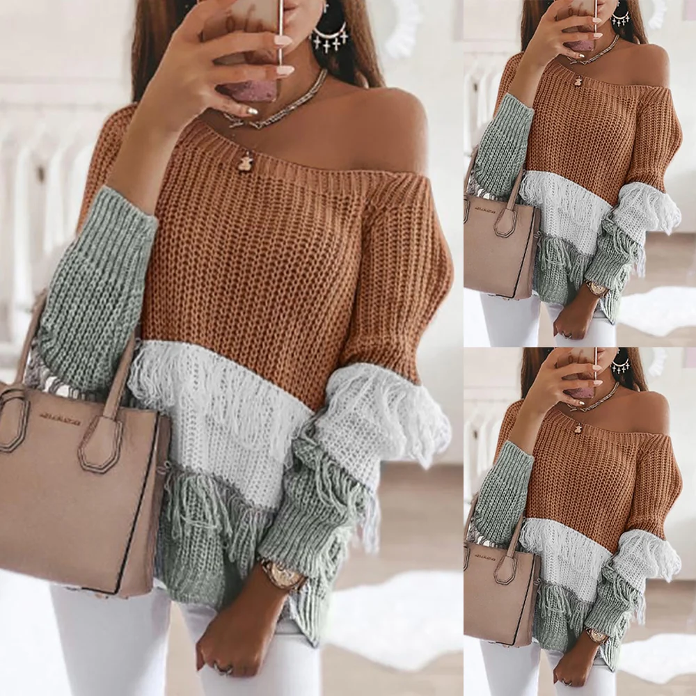Модный женский свитер с кисточками лоскутный Теплый Женский пуловер круглым