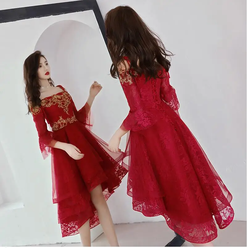 

Wine Red High Low Evening Dresses V Neck Half Sleeve Arabic Formal Party Long Gown Plus Size Custom Made Gwisg Nos