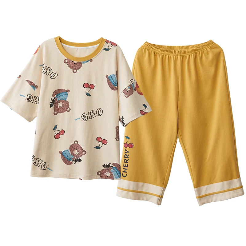 

Cotton Women's Pajamas Set Short Sleeve Calf-Length Summer Pajamas Kawaii Cherry Bears Printed Nightwear Soft Casual Sleepwear