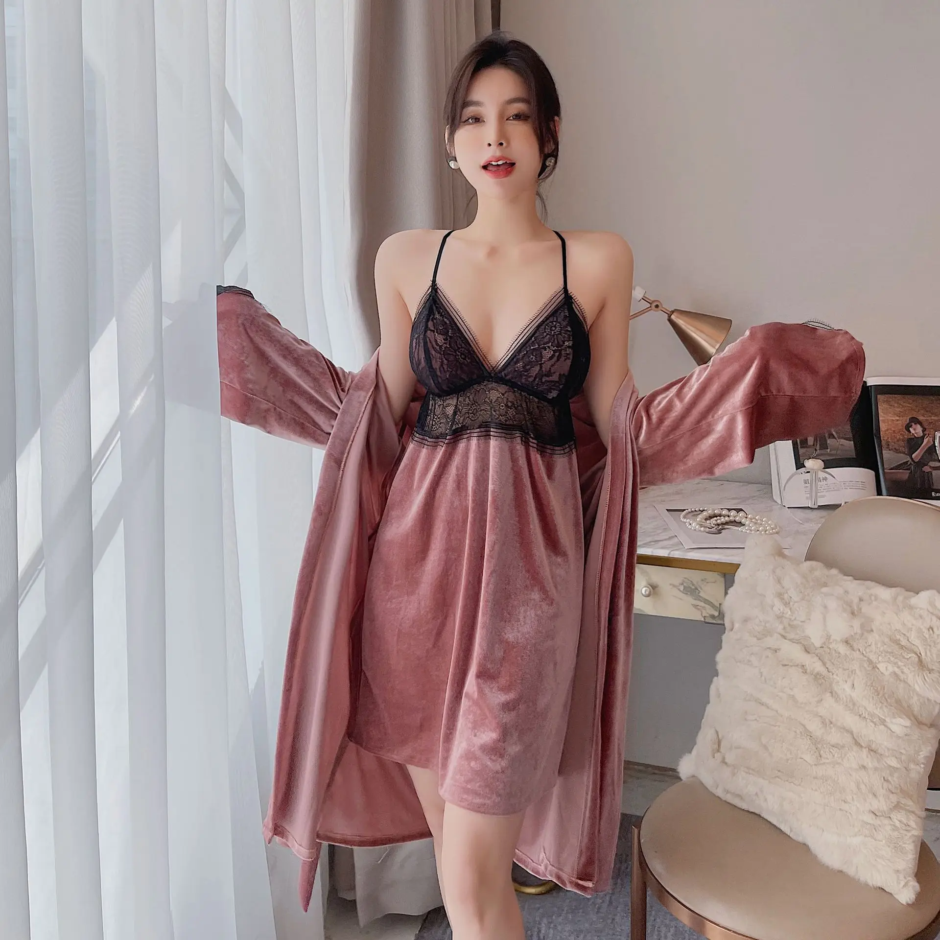 

Sexy Black Lace Lady Robe Sets Bride Velour Dressing Kimono Gown Strap Top Nightgown Bathrobe Autumn Underwear Home Skirt M-XL