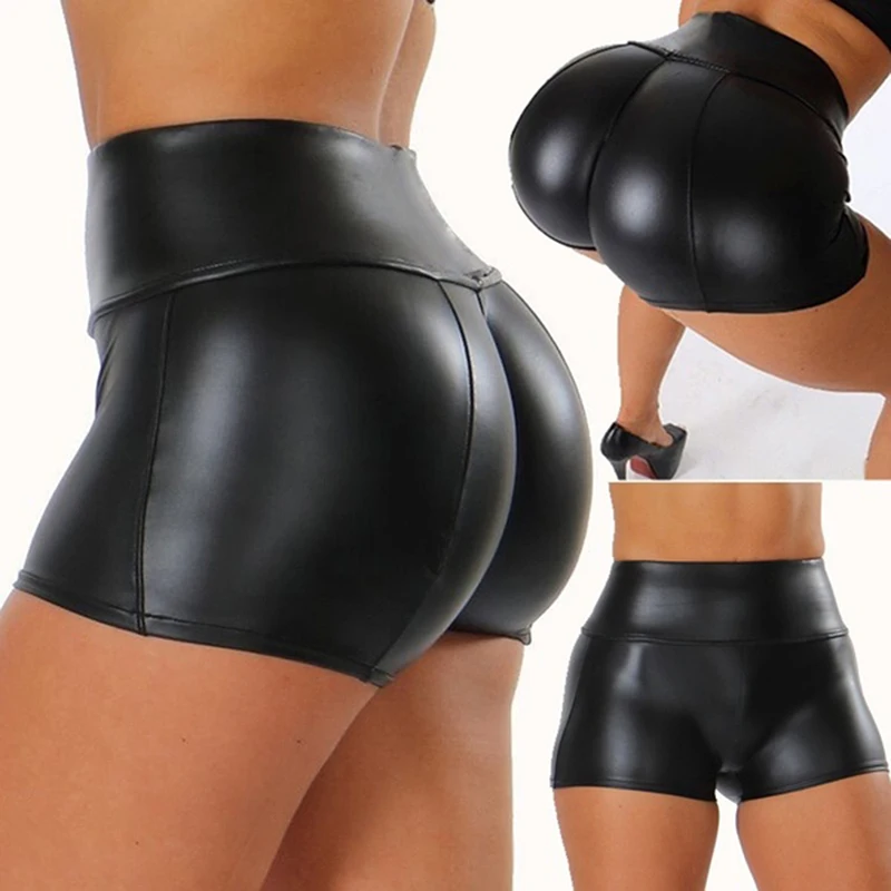 

Sexy Women Shorts Shiny Ladies Slim High Waist Shorts Female Shiny Faux PU Leather Elastic Shorts Hot Dance Clubwear Mini Shorts