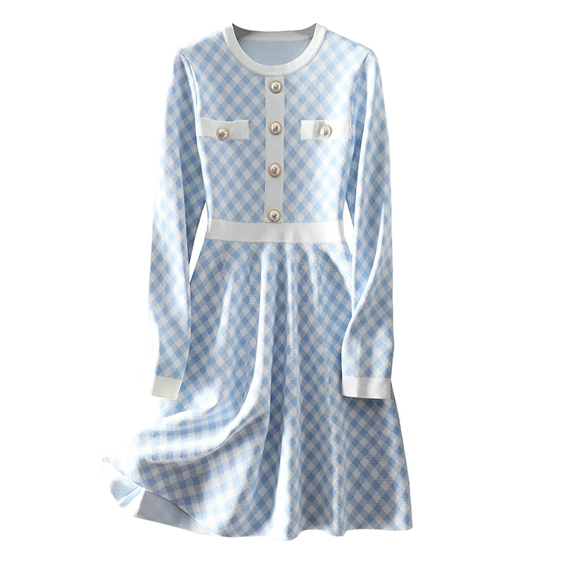 

Autumn / winter 2020 long sleeve knitted dress women's Korean version with waistband showing thin Plaid leisure temperament