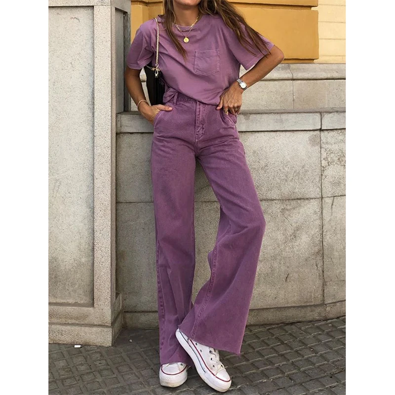 

Women High Waist Jeans Baggy Boyfriend Wide Leg Jeans 2021 Cool Fashion Purple Women Cargo Pants Lady Plus Size Flare Trousers