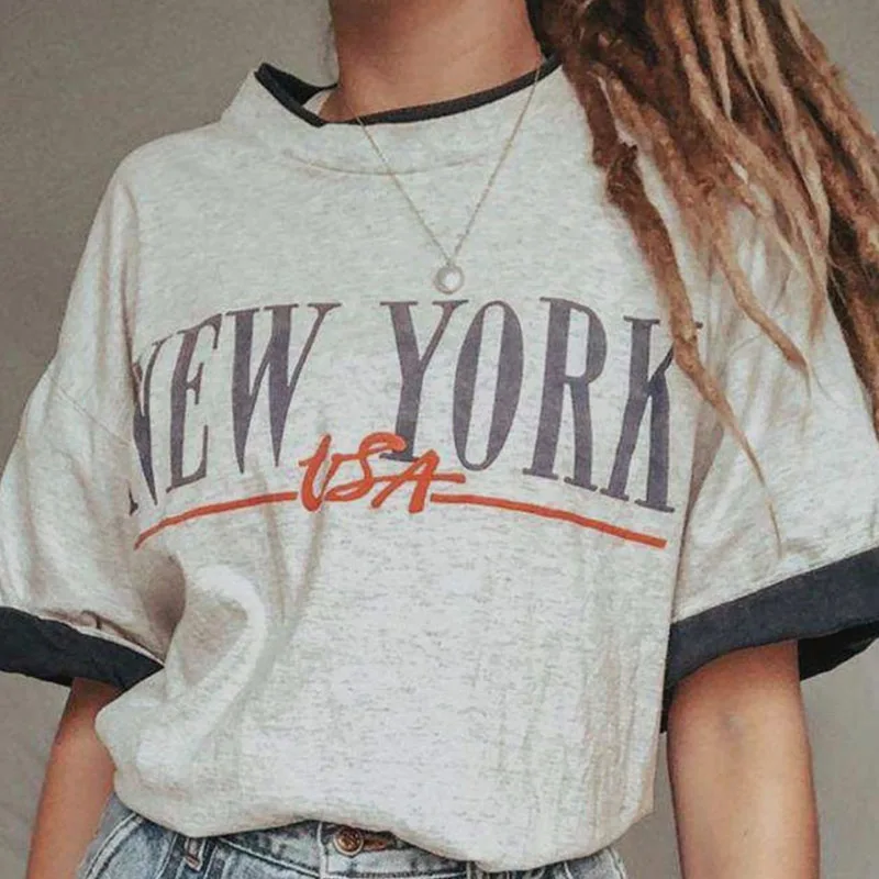 

Gray Letter Print O Neck Summer Plus Size T Shirt Women Vintage Loose Harajuku Casual Elegant Short Sleeve Fashion Tops Summer