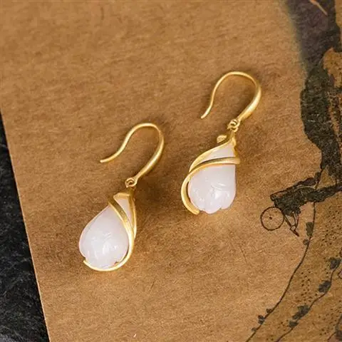

Ethnic Retro Style Hetian White Magnolia Flower Ear Studs Women's S925 Sterling Silver Jade Earrings High-Grade Gold