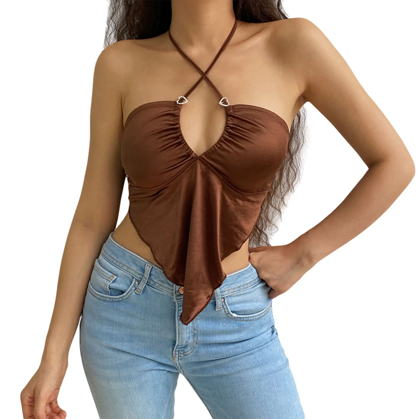 

Women's Halter Crop Cami Tops Sexy Sleeveless Solid Color Hanky Hem Ruched Camisole