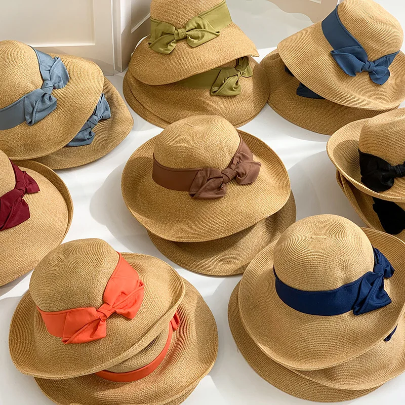 

Designer Brand Handmade Women Straw Summer Beach Sun Hat Big Brim Black Bow Foldable Flat UV Cut Cap Girls Outdoor Nature Color