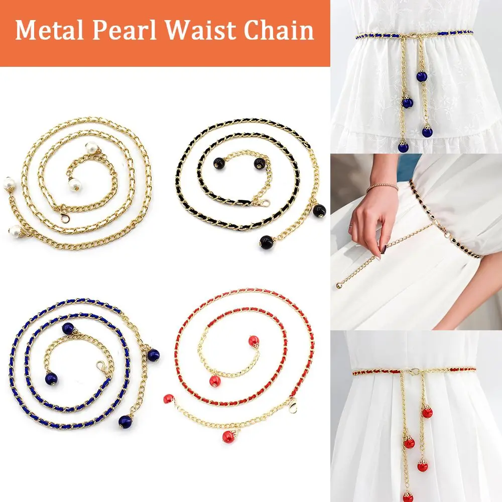 

Elegant Ladies Metal Adjustable Thin Ladies Waist Chain Women Strap Dress Belt Pearl Decorative Clothess Accessories