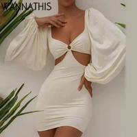 wannathis clubwear cut out casual lantern long sleeve women mini dress circle elegant summer sexy bodycon mini vestidos 2021new