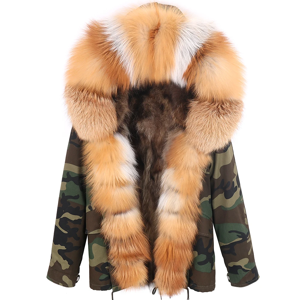 Women Winter Real Raccoon Fur Coat Oversized Natural Fur Jacket Large Fox Fur Collar Hooded Casual Overcoat Waterproof Parka