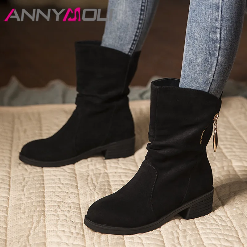 

Ботильоны ANNYMOL женские на среднем каблуке, полусапожки на блочном каблуке, на молнии, короткие черные, большие размеры до 40, Осень-зима
