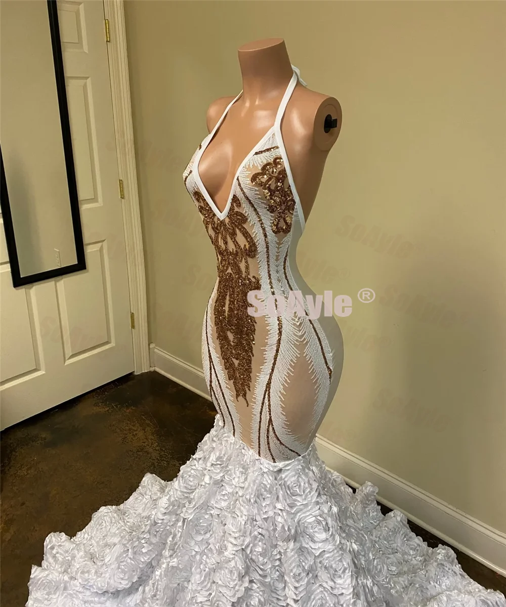 

SoAyle Long Nigeria Sexy Prom Dresses 2020 Halter Mermaid Gold Sequin 3D Flowers White African Women Prom Dress