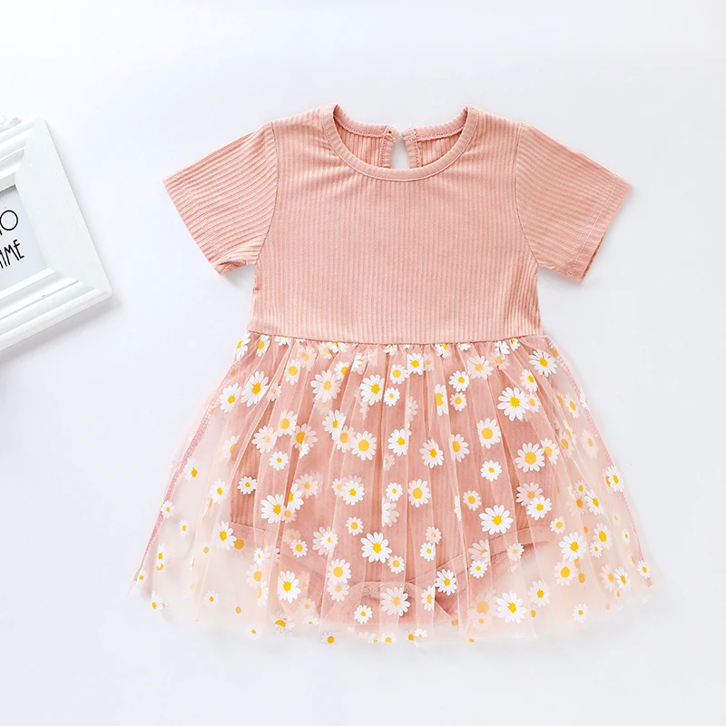 

Summer Baby Girls Rompers Infant Baby Girl Short-sleeved Chrysanthemum Yarn Skirt Printed Rompers Children's Tights 2021