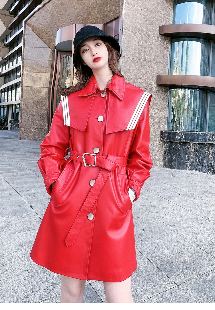 Autumn New Designer Women's Sheepskin Belt Overcoat Korean Style Genuine Leather Trench Coat C483