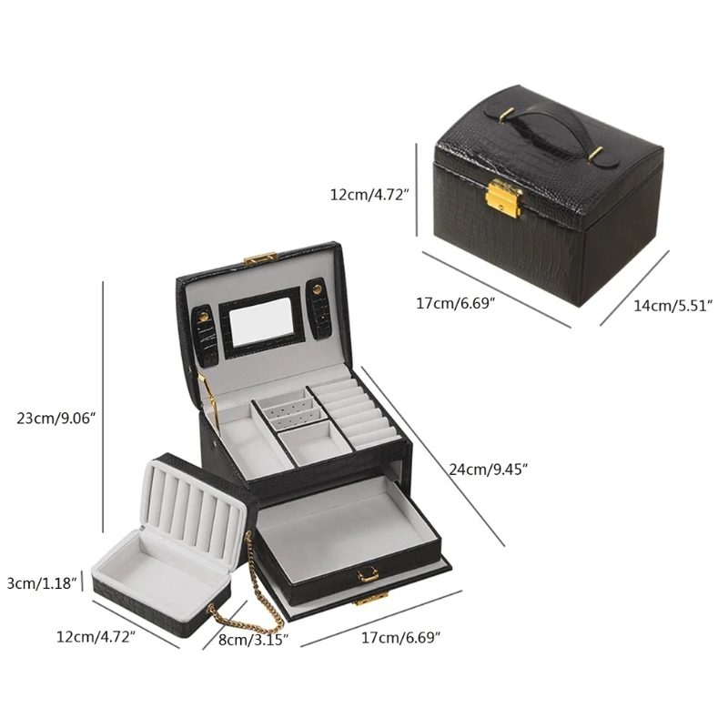 

Lockable Jewelry Box Necklace Ring Storage Organizer Leather Large Jewel Case