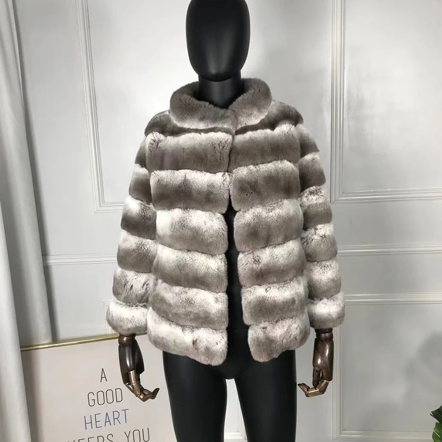 

Women Winter Coat Fashion Cropped High Quality Jacket New Chinchilla Color Rex Rabbit Fur Jacket