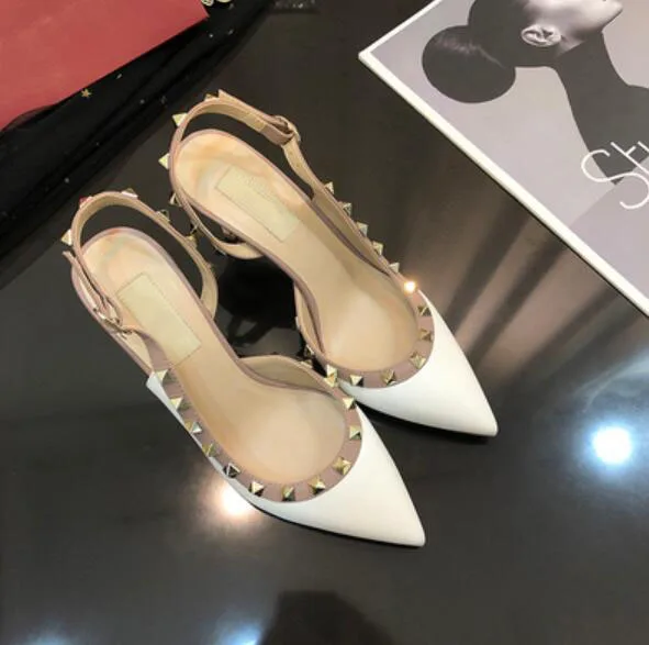 Women Dress Shoes rock Patent High Heels stud Pumps Rivets Real Leather Pointed Toe Wedding Shoes Gift Party Shoes